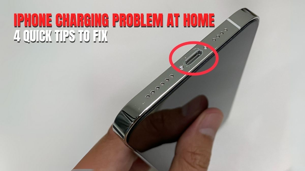 Close-up of an iPhone charging port highlighted with a red circle, illustrating the “iPhone Charging Problem At Home: 4 Quick Tips To Fix” topic.
