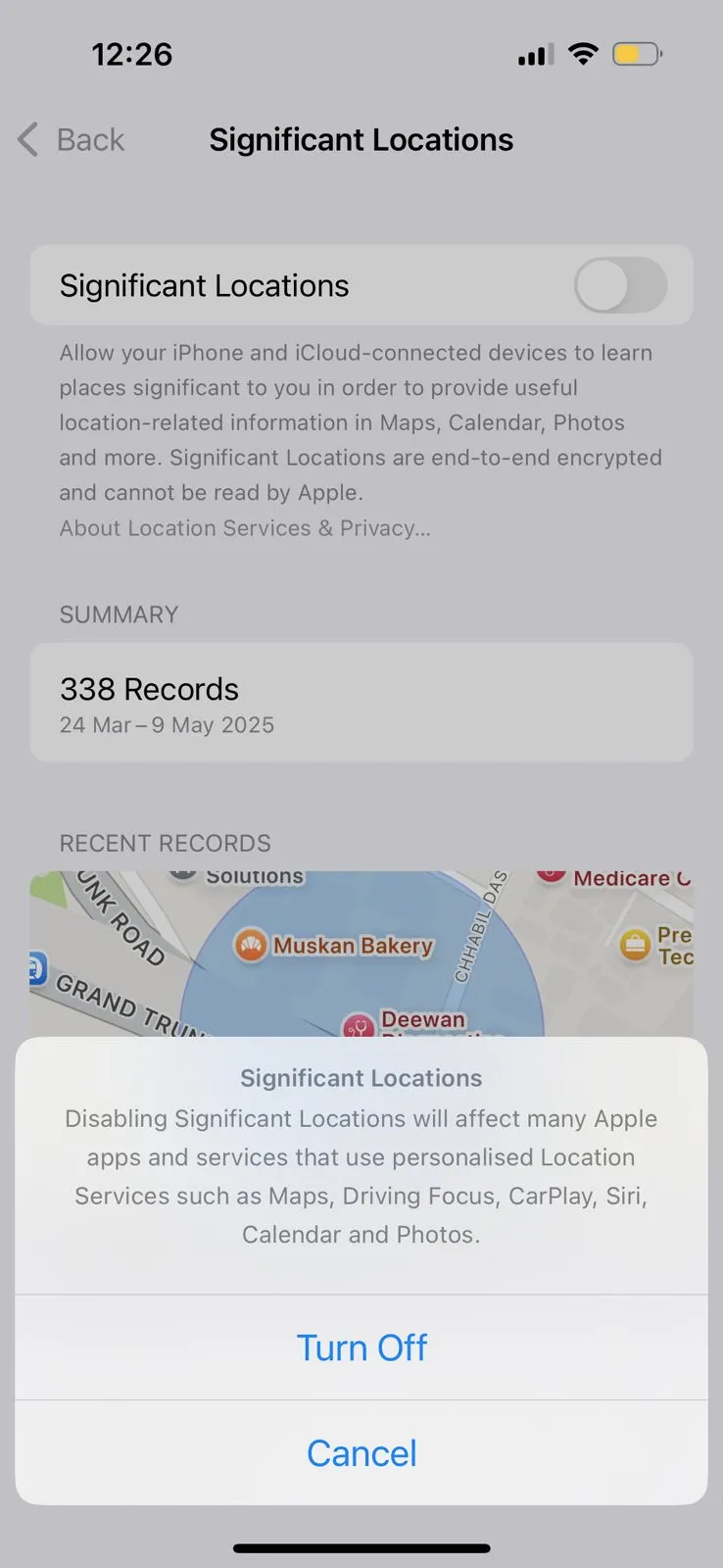 Ultimate Guide: iPhone System Services You Should Turn Off (And Why) 8 iPhone Significant Locations setting screen showing 338 location records and a prompt to turn off tracking for privacy reasons