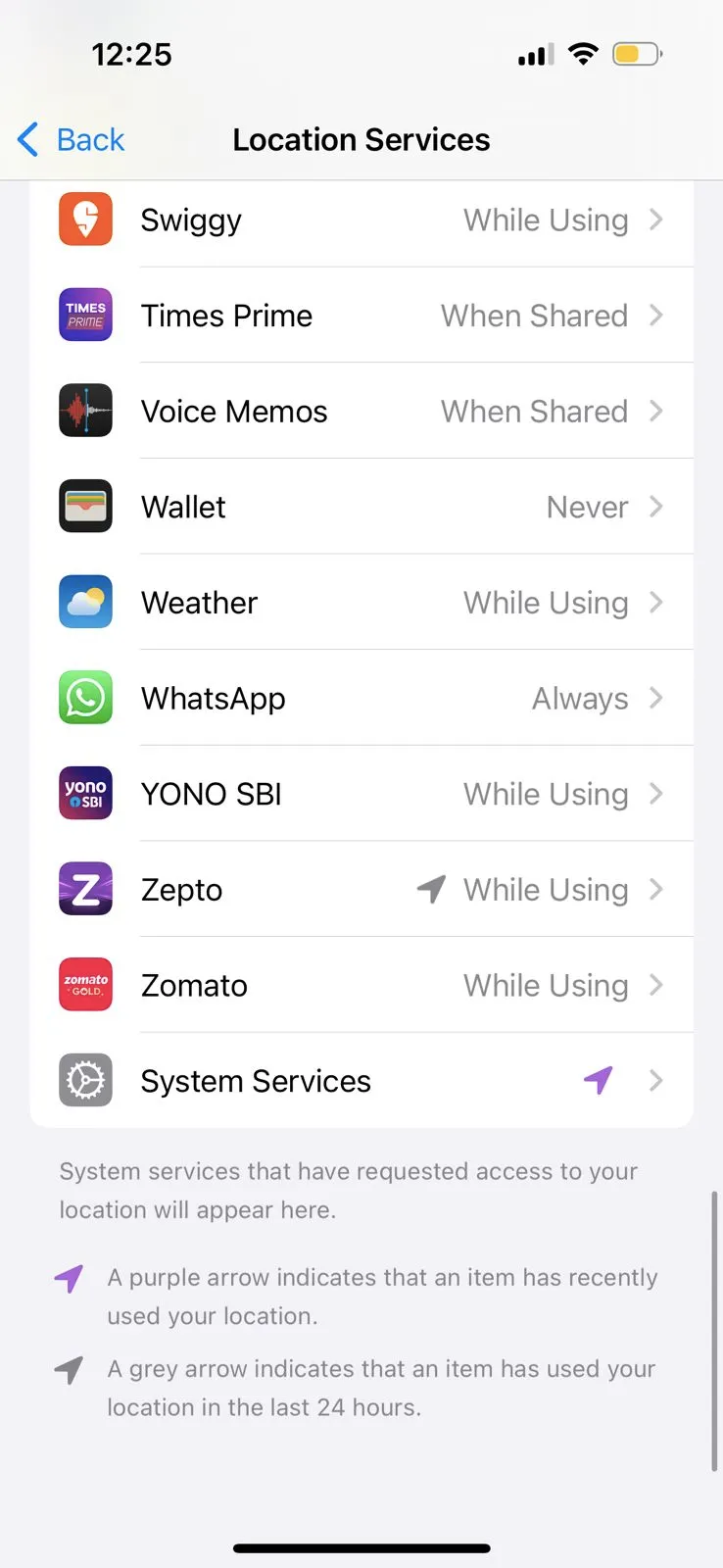 Ultimate Guide: iPhone System Services You Should Turn Off (And Why) 2 iPhone Location Services settings screen showing various apps like WhatsApp, Zepto, and Swiggy with their location access preferences.