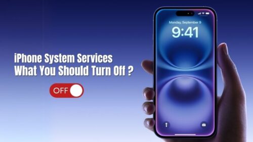 Hand holding an iPhone with the screen showing 9:41 AM, next to text saying “iPhone System Services: What You Should Turn Off?”