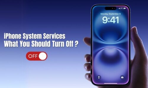 Hand holding an iPhone with the screen showing 9:41 AM, next to text saying “iPhone System Services: What You Should Turn Off?”
