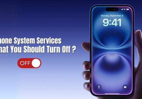 Hand holding an iPhone with the screen showing 9:41 AM, next to text saying “iPhone System Services: What You Should Turn Off?”
