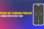Graphic showing an iPhone with an empty battery icon and lightning bolt, illustrating “iPhone Not Charging Problem: 9 Quick Steps to Fix It Fast.”