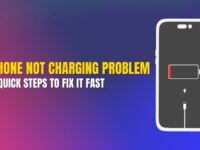 Graphic showing an iPhone with an empty battery icon and lightning bolt, illustrating “iPhone Not Charging Problem: 9 Quick Steps to Fix It Fast.”