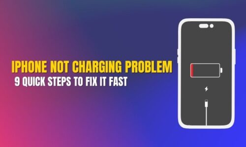 Graphic showing an iPhone with an empty battery icon and lightning bolt, illustrating “iPhone Not Charging Problem: 9 Quick Steps to Fix It Fast.”