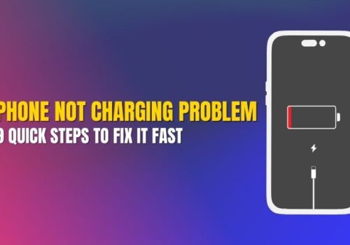 Graphic showing an iPhone with an empty battery icon and lightning bolt, illustrating “iPhone Not Charging Problem: 9 Quick Steps to Fix It Fast.”