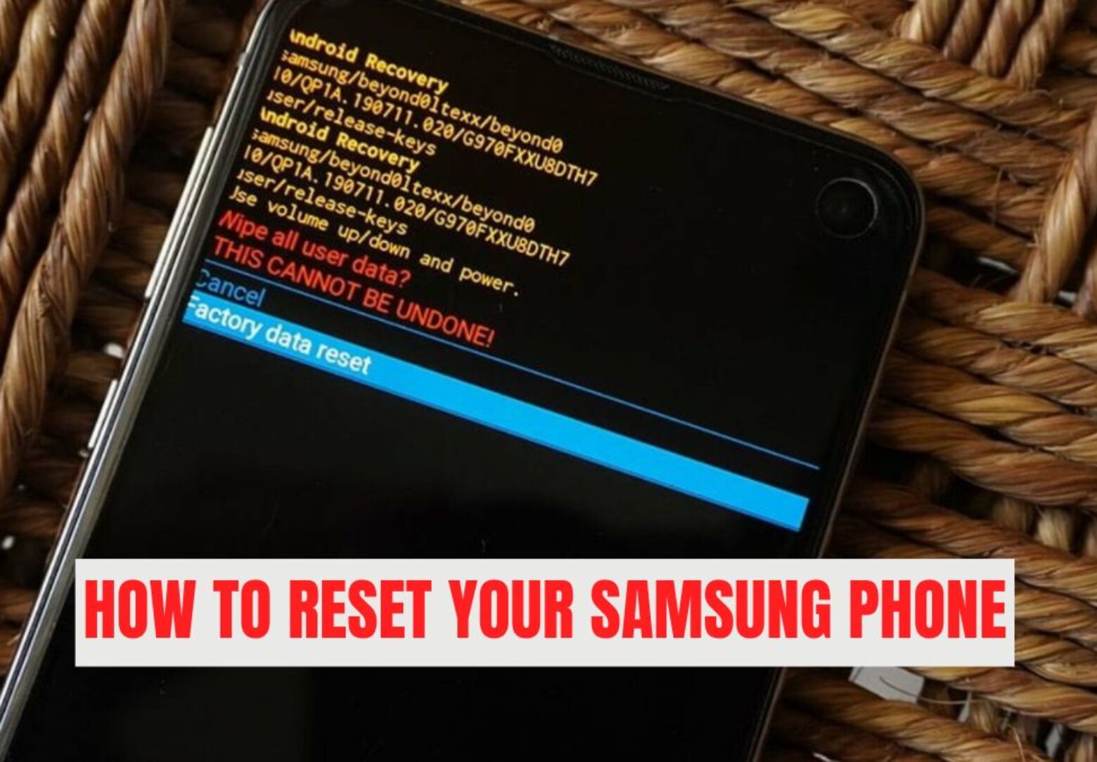 Samsung Factory Reset via Android Recovery Mode Samsung phone displaying the Android Recovery screen with “factory data reset” highlighted, showing how to reset your Samsung phone manually.