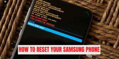 Samsung phone displaying the Android Recovery screen with “factory data reset” highlighted, showing how to reset your Samsung phone manually.