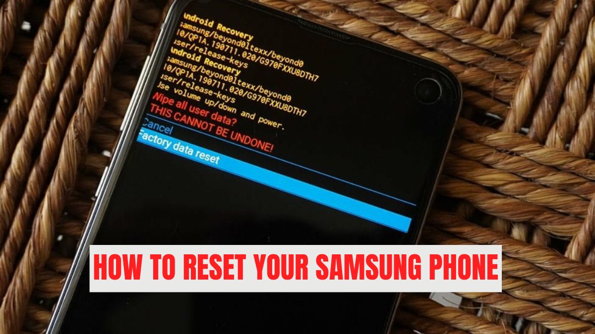 Samsung phone displaying the Android Recovery screen with “factory data reset” highlighted, showing how to reset your Samsung phone manually.