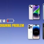 Four iPhone 14 models displayed with the text "Fix iPhone 14 Battery Draining Problem" and a low battery icon on a blue gradient background.