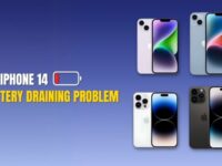 Four iPhone 14 models displayed with the text "Fix iPhone 14 Battery Draining Problem" and a low battery icon on a blue gradient background.