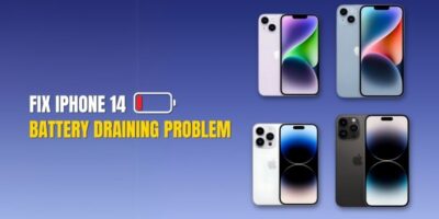 Four iPhone 14 models displayed with the text "Fix iPhone 14 Battery Draining Problem" and a low battery icon on a blue gradient background.