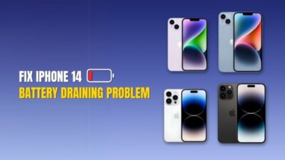 Four iPhone 14 models displayed with the text "Fix iPhone 14 Battery Draining Problem" and a low battery icon on a blue gradient background.