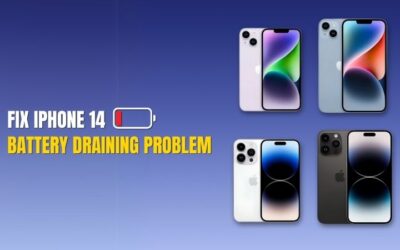 Four iPhone 14 models displayed with the text "Fix iPhone 14 Battery Draining Problem" and a low battery icon on a blue gradient background.