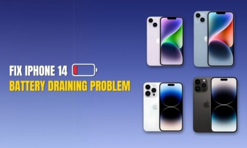 Four iPhone 14 models displayed with the text "Fix iPhone 14 Battery Draining Problem" and a low battery icon on a blue gradient background.