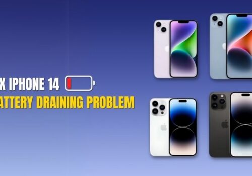 Four iPhone 14 models displayed with the text "Fix iPhone 14 Battery Draining Problem" and a low battery icon on a blue gradient background.