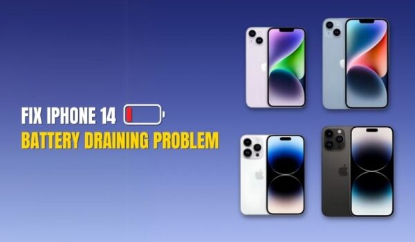 Four iPhone 14 models displayed with the text "Fix iPhone 14 Battery Draining Problem" and a low battery icon on a blue gradient background.