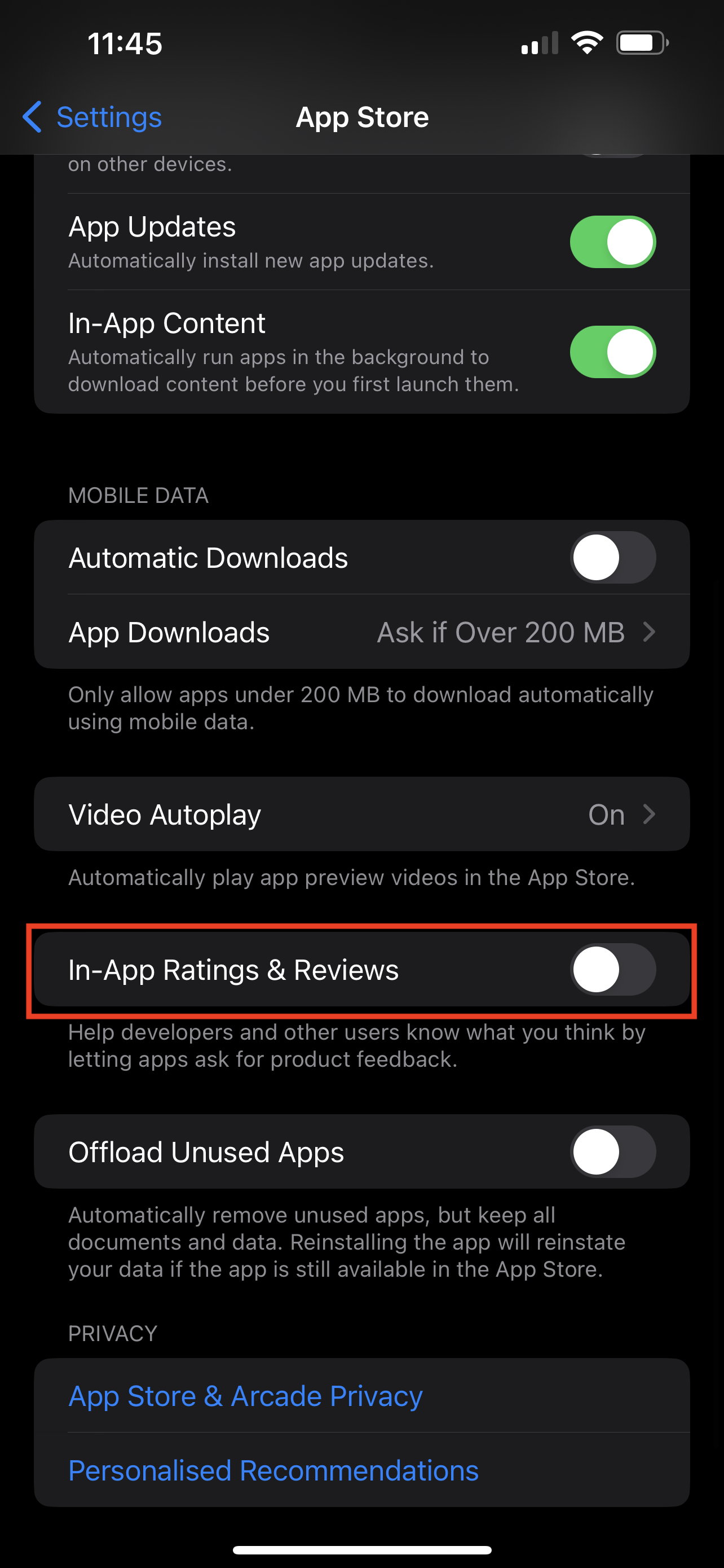 9 Essential iPhone Settings To Turn Off For Data Privacy 7 iPhone App Store settings screen highlighting the In-App Ratings & Reviews toggle, which controls feedback prompts within apps.
