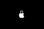 A black screen with a white Apple logo integrated into a padlock, symbolizing data privacy on iPhone.