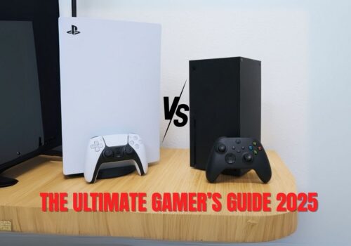 PlayStation 5 and Xbox Series X side by side with controllers, representing “The Ultimate Gamer’s Guide 2025” comparison.