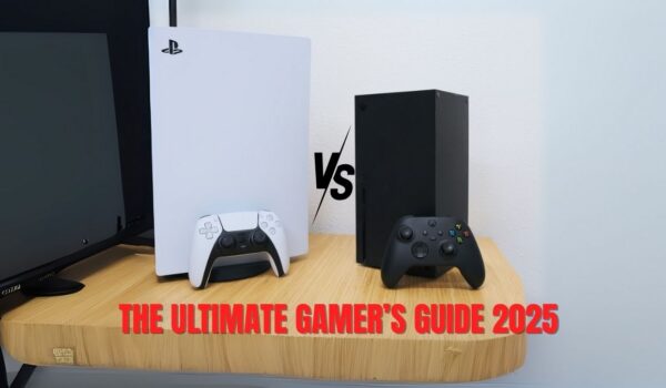 PlayStation 5 and Xbox Series X side by side with controllers, representing “The Ultimate Gamer’s Guide 2025” comparison.