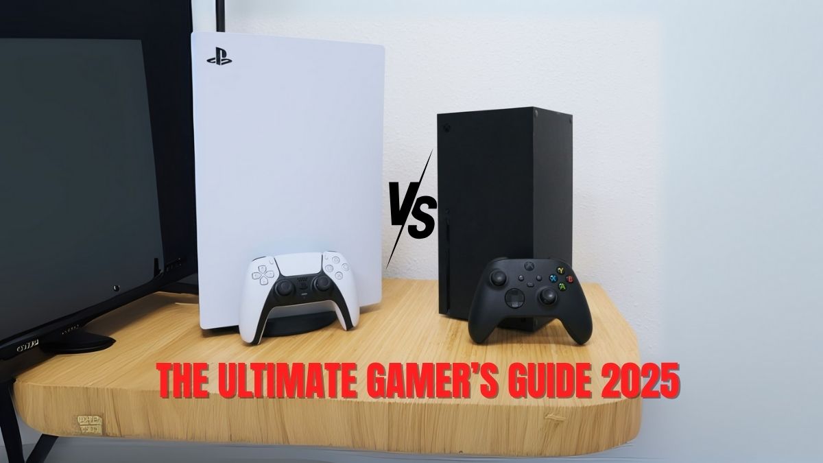 PlayStation 5 and Xbox Series X side by side with controllers, representing “The Ultimate Gamer’s Guide 2025” comparison.