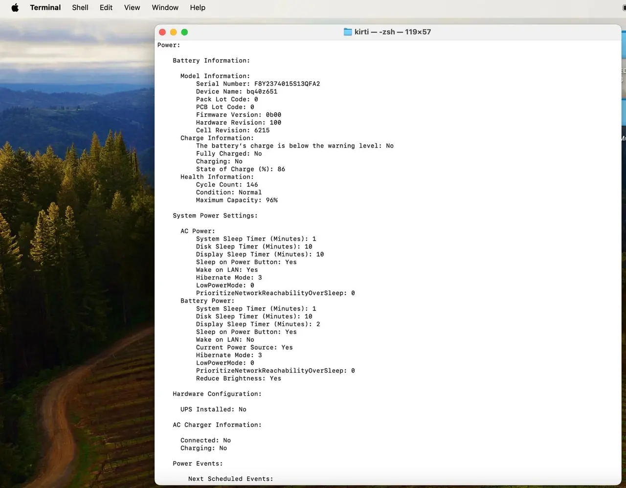 Terminal window on MacBook displaying detailed battery and power settings under the heading “Advanced Performance Boosters – Terminal Commands for Power Users.”