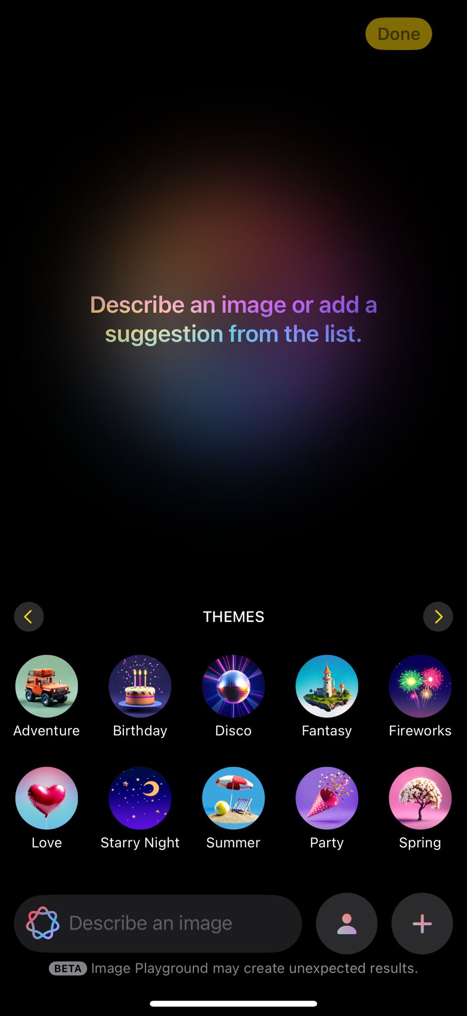Beyond the Hype: iOS 18.4's Subtle and Meaningful Upgrades 4 Image Playground screen showing theme selection options like Adventure, Fantasy, and Spring for generating custom AI images.