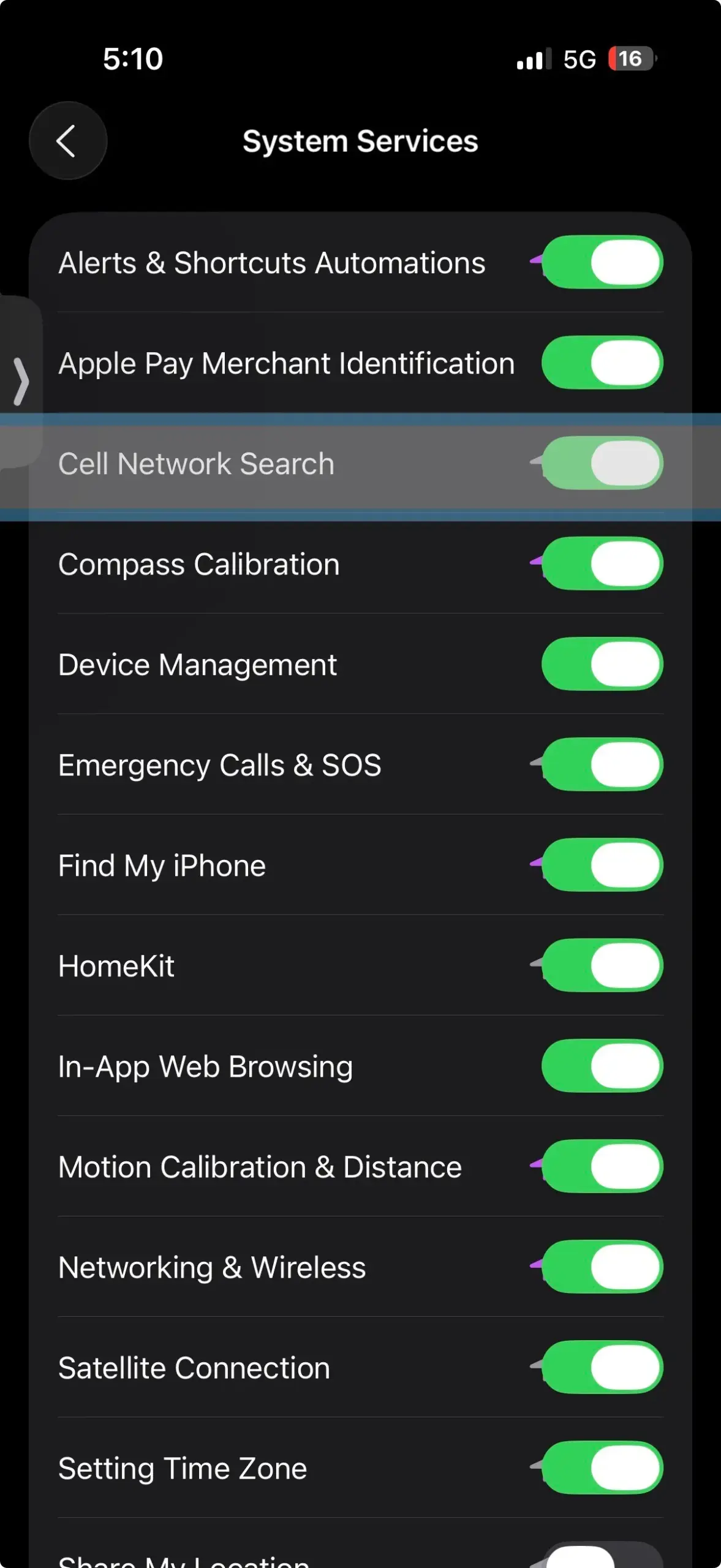 iPhone System Services menu showing Cell Network Search setting turned off, which may reduce location accuracy in poor signal areas.