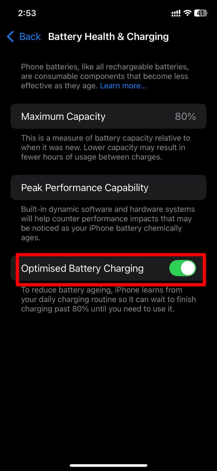  iPhone Battery Health & Charging settings screen showing Maximum Capacity at 80% and Optimised Battery Charging enabled to maintain battery health.