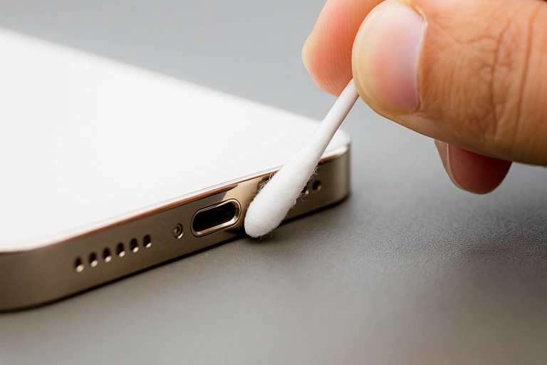 iPhone Not Charging Problem: 9 Quick Steps to Fix It Fast 5 A person using a cotton swab to clean the charging port of an iPhone, following step 4 to fix charging issues.