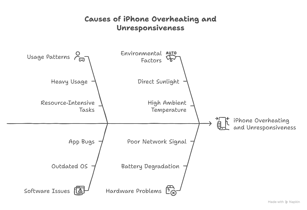 Why iPhone Gets Hot and Unresponsive (Try These Fixes) 1 Diagram listing common causes of iPhone overheating and unresponsiveness, including usage patterns, software issues, environmental factors, and hardware problems.