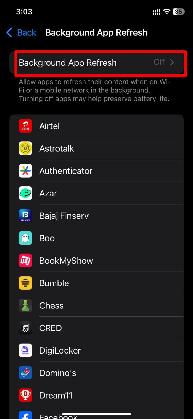 iPhone settings screen showing Background App Refresh turned off, with a list of apps like Facebook and Bumble underneath.
