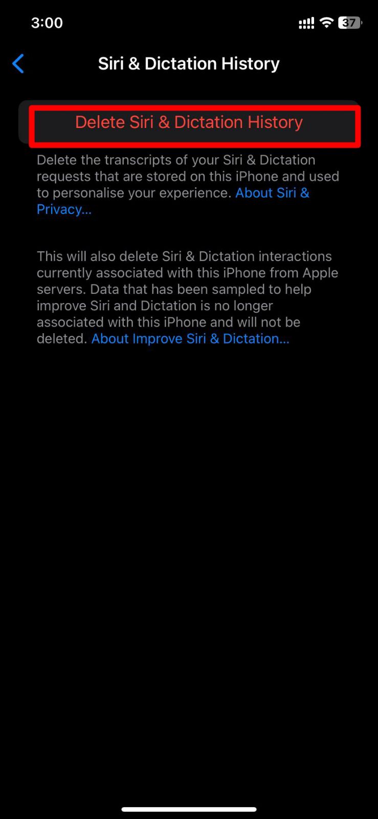 9 Essential iPhone Settings To Turn Off For Data Privacy 6 iPhone screen showing the Siri & Dictation History settings with the option to delete Siri data to disable Siri data collection.