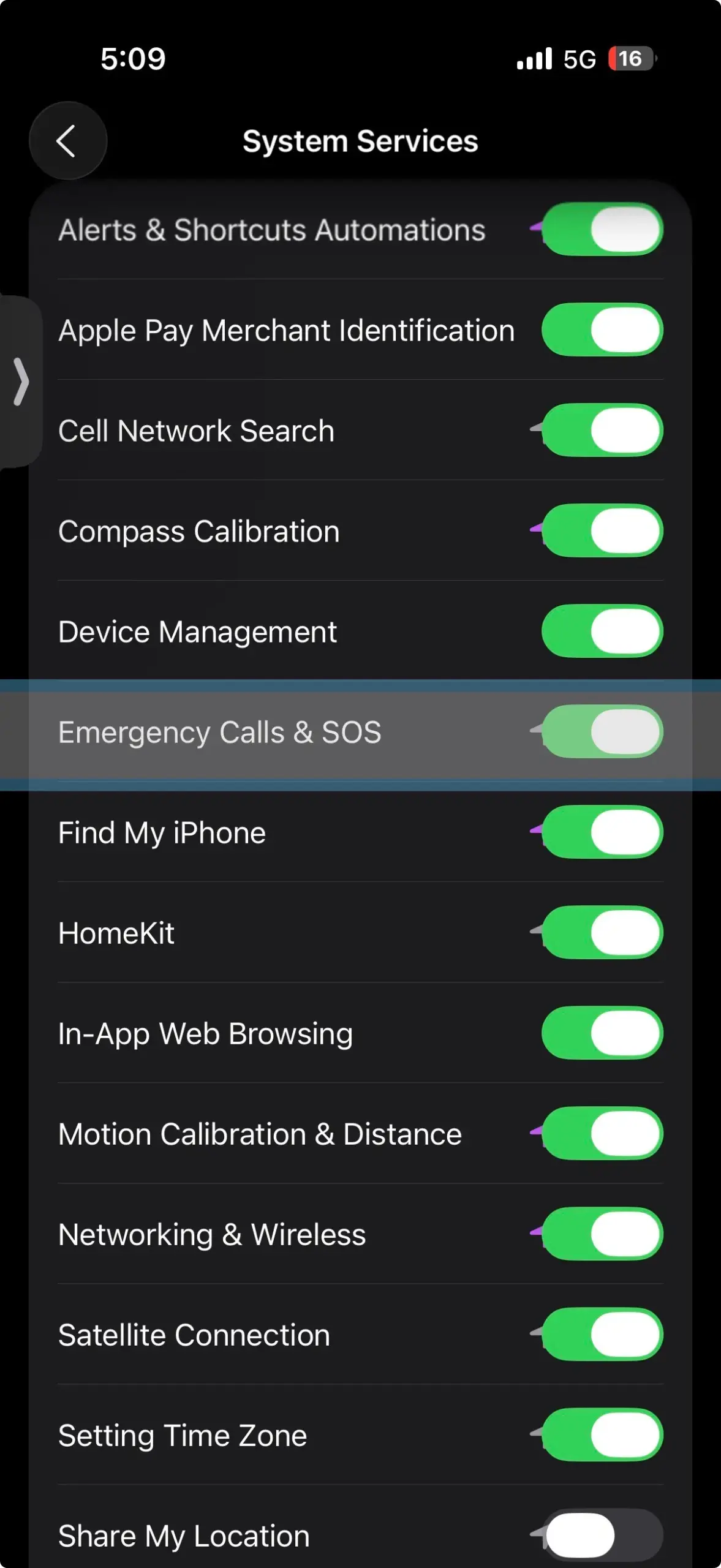 iPhone System Services screen showing Emergency Calls & SOS toggle turned on, a key feature for safety and location access.

