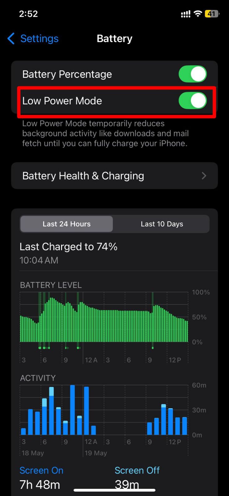  iPhone battery settings screen with Low Power Mode enabled, demonstrating how to use Low Power Mode strategically to save battery.