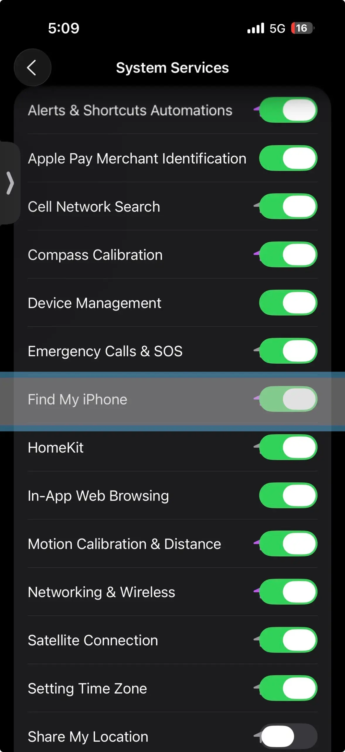iPhone System Services settings showing Find My iPhone toggle enabled to help users track and recover lost or stolen devices.