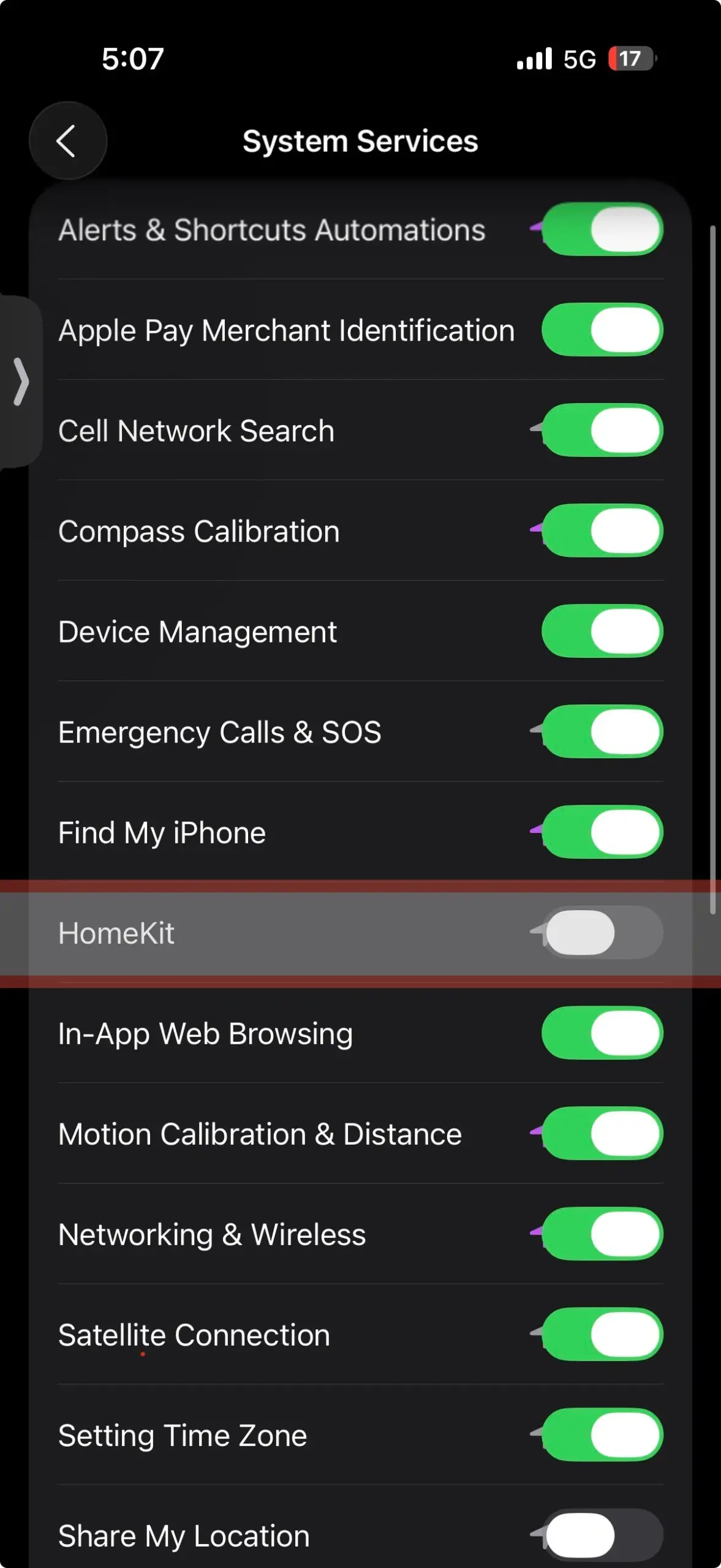 iPhone System Services screen with “HomeKit” setting highlighted and toggled off, limiting background smart home location access.