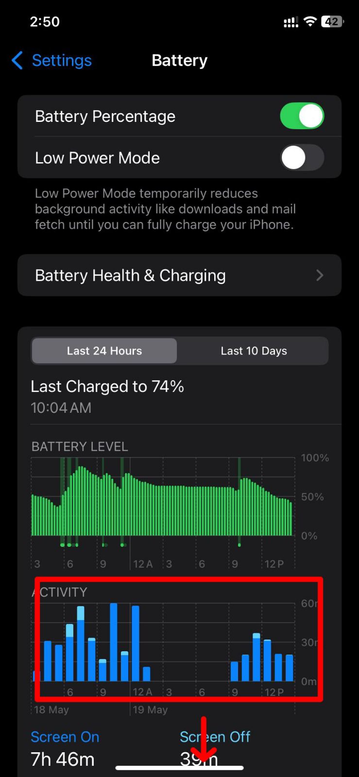 11 Hidden iPhone Settings to Boost Battery Life 7 iPhone battery settings screen showing battery usage graphs and activity bars to identify and deal with battery-draining apps.