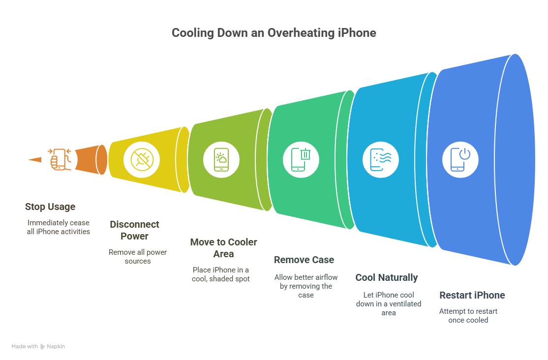 Why iPhone Gets Hot and Unresponsive (Try These Fixes) 2 Illustrated funnel graphic showing steps to cool down an overheating iPhone, including stop usage, disconnect power, and move to a cooler area.