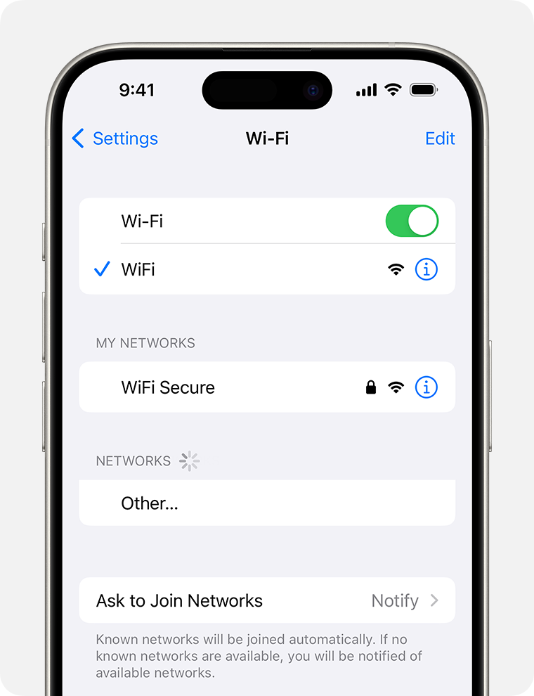 iPhone 14 screen showing Wi-Fi settings with Wi-Fi enabled, connected to a network, and options for secure networks and joining others.