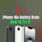 Three iPhone 16e models in black, white, and silver below a red battery warning icon and the heading iPhone 16e Battery Drain: How to Fix It.