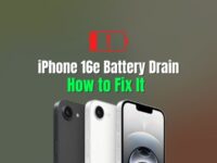 Three iPhone 16e models in black, white, and silver below a red battery warning icon and the heading iPhone 16e Battery Drain: How to Fix It.