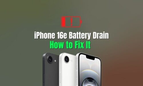 Three iPhone 16e models in black, white, and silver below a red battery warning icon and the heading iPhone 16e Battery Drain: How to Fix It.