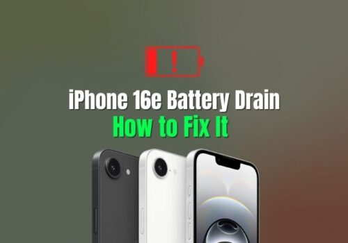 Three iPhone 16e models in black, white, and silver below a red battery warning icon and the heading iPhone 16e Battery Drain: How to Fix It.