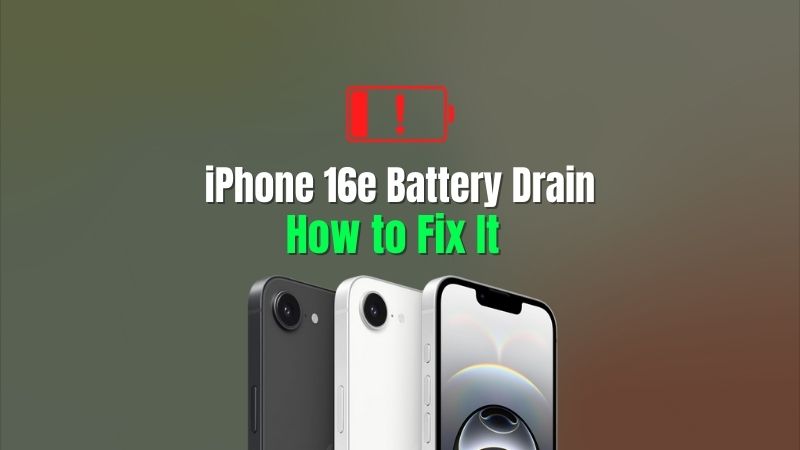 iPhone 16e Battery Drain and How to Fix It Three iPhone 16e models in black, white, and silver below a red battery warning icon and the heading iPhone 16e Battery Drain: How to Fix It.
