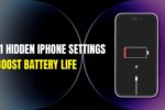 Illustration showing an iPhone with a low battery icon and text highlighting 11 hidden iPhone settings to boost battery life.