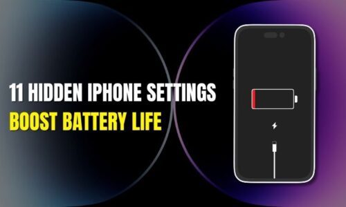 Illustration showing an iPhone with a low battery icon and text highlighting 11 hidden iPhone settings to boost battery life.