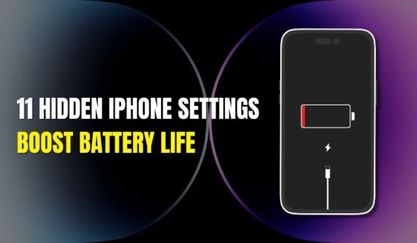 Illustration showing an iPhone with a low battery icon and text highlighting 11 hidden iPhone settings to boost battery life.