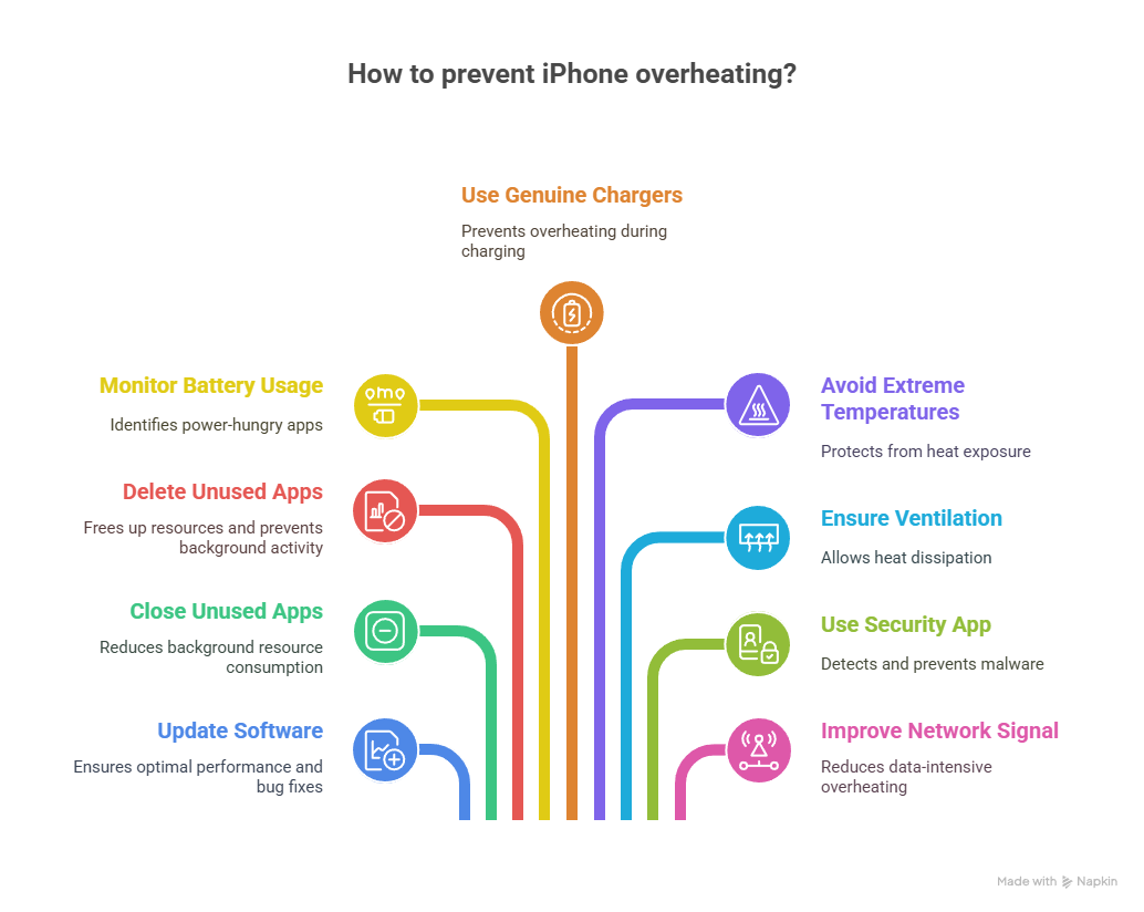 Why iPhone Gets Hot and Unresponsive (Try These Fixes) 3 Colorful infographic showing long-term strategies to prevent iPhone overheating, such as using genuine chargers, deleting unused apps, and improving ventilation.